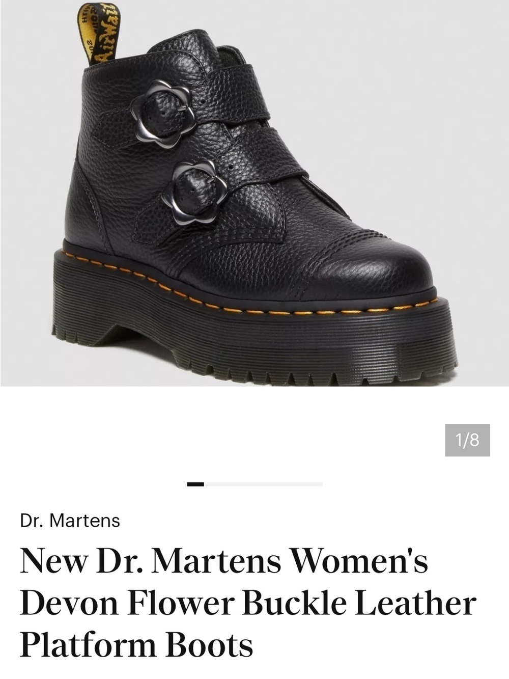 Dr. Martens women’s Black Leather Buckle Platform Boots with Yellow Stitching